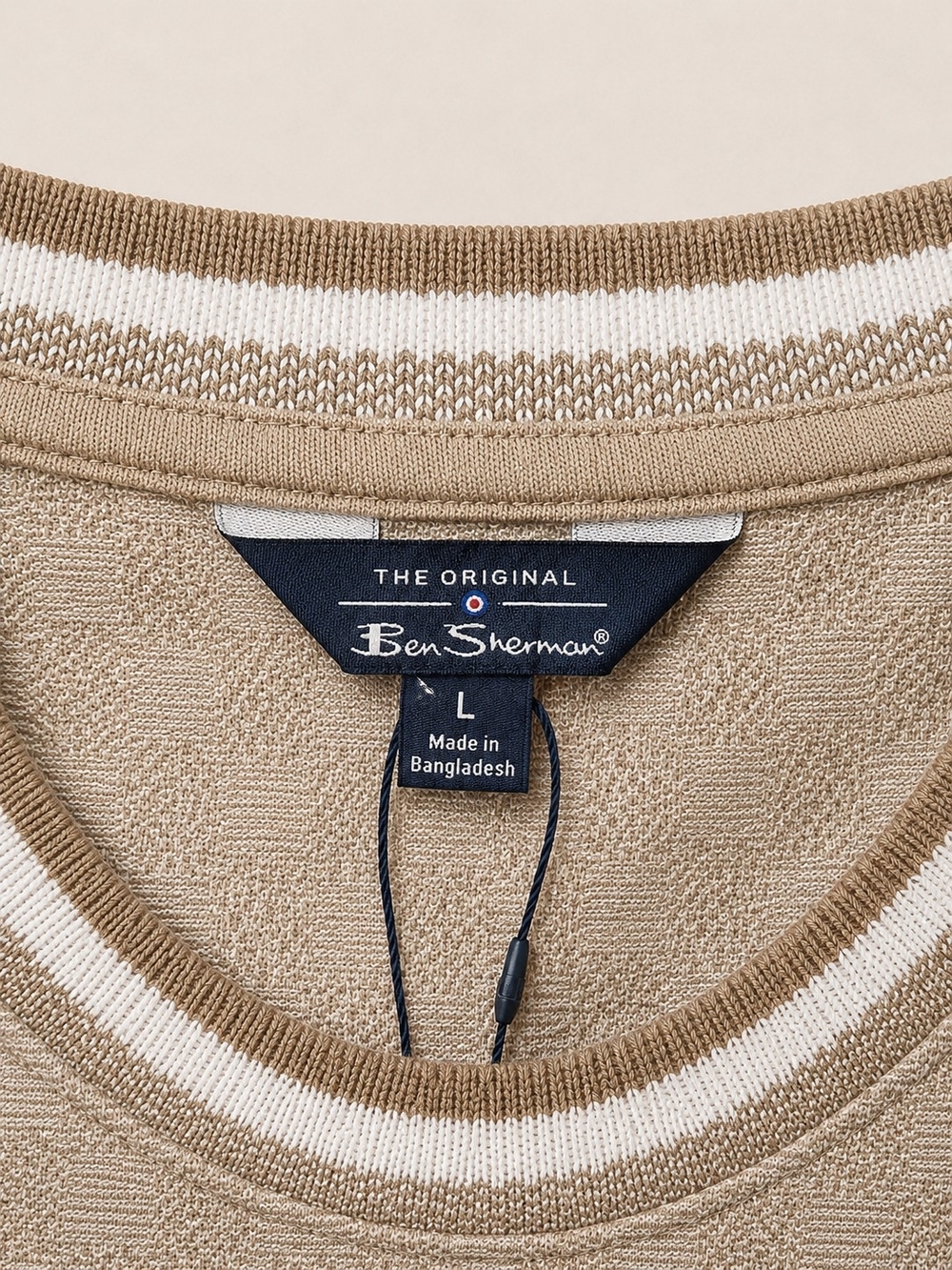 🆕️Ben Sherman Men’s Beige Textured Checkered Crew Neck T-Shirt Large Mod Casual - Picture 5 of 5